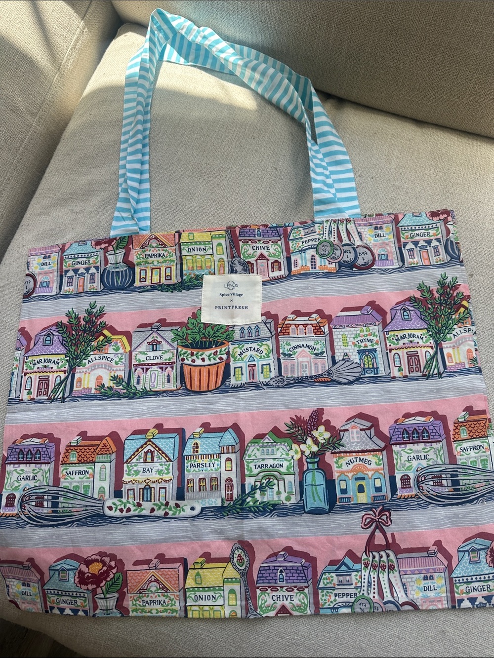Printfresh Lenox Spice Village Market Tote with Blue Stripe Handles